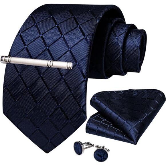 Plaid Ties for Men Silk Checkered Necktie & Pocket Square Cufflinks Tie Clip Set - Picture 2 of 7